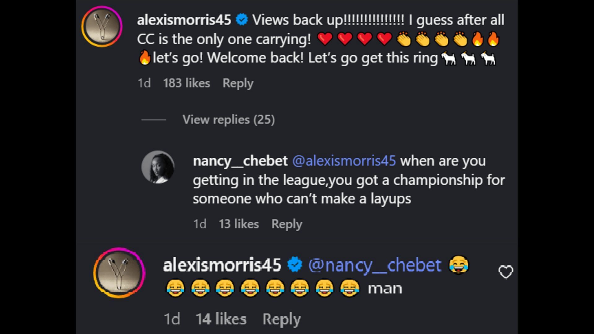 Alexis Morris appears to poke fun at her former teammate Angel Reese in an Instagram exchange. Credit: Caitlin Clark/IG